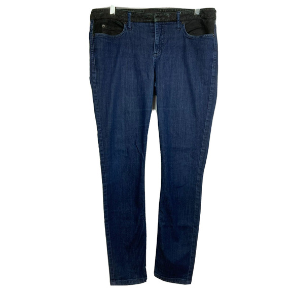 Theory Jeans Womens Sz 12 Blue Black Raegan Skinny Leather Trim Mid‎ Rise - Picture 1 of 12